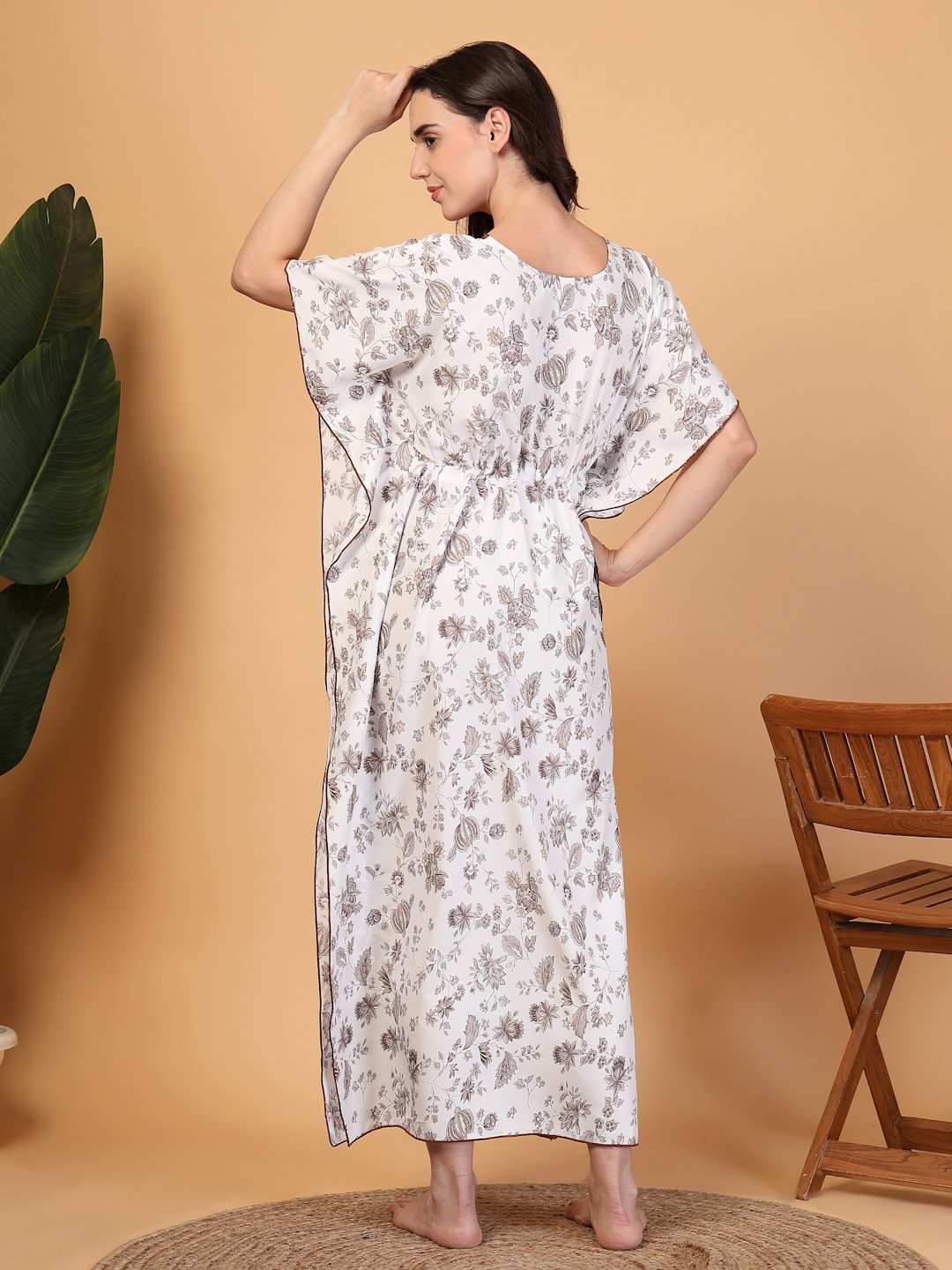 White Floral Cotton Blend Kaftan Maxi Nightdress
