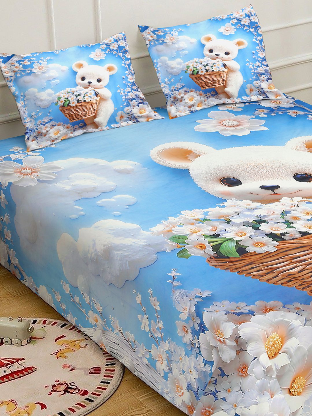 Blue Cartoon Characters 7D King Size Cotton Blend Fitted Double Bedsheet with 2 Pillow Covers