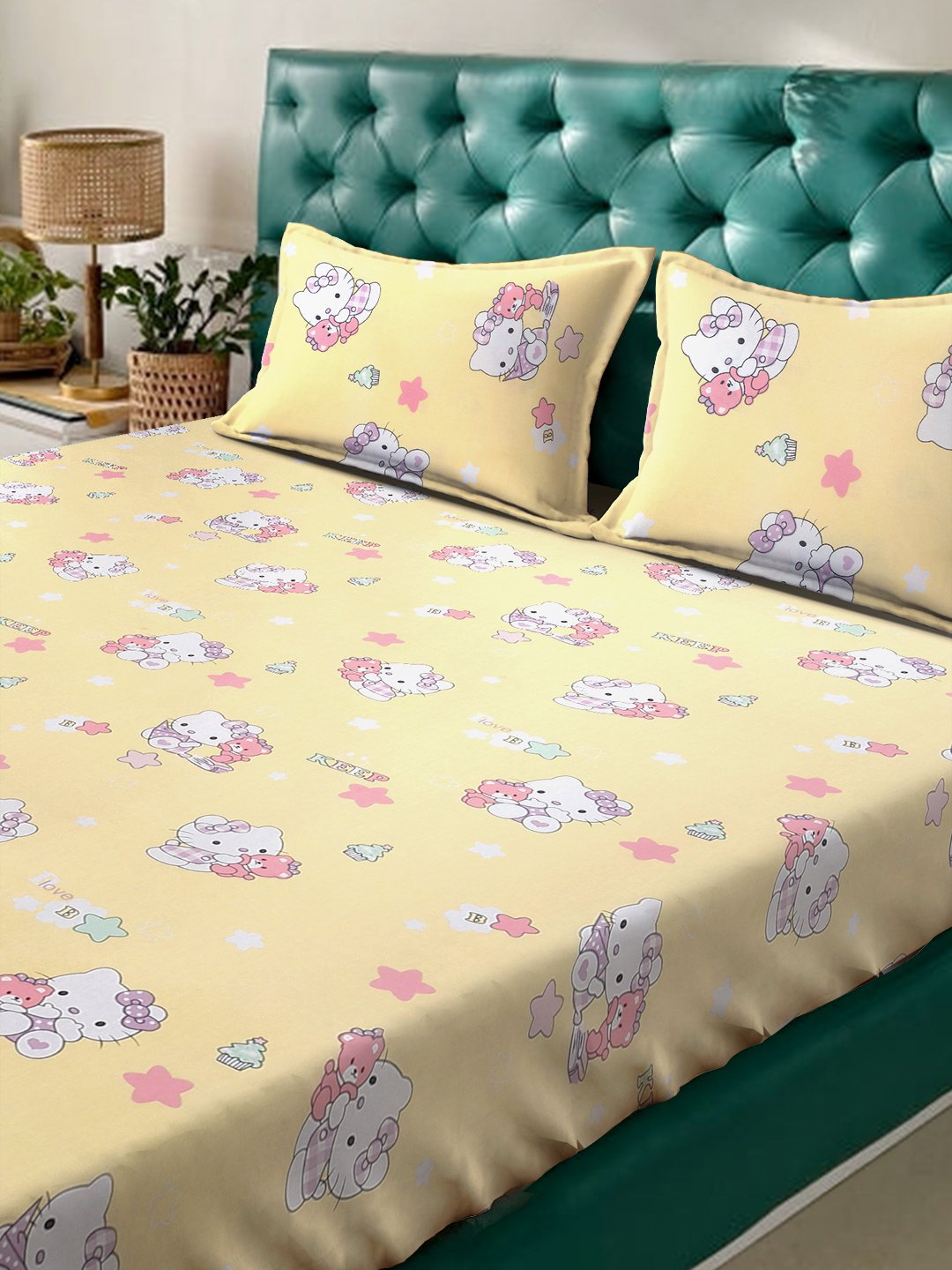 Yellow Cartoon Characters 400 TC Pure Cotton Double Bedsheet with 2 Pillow Covers