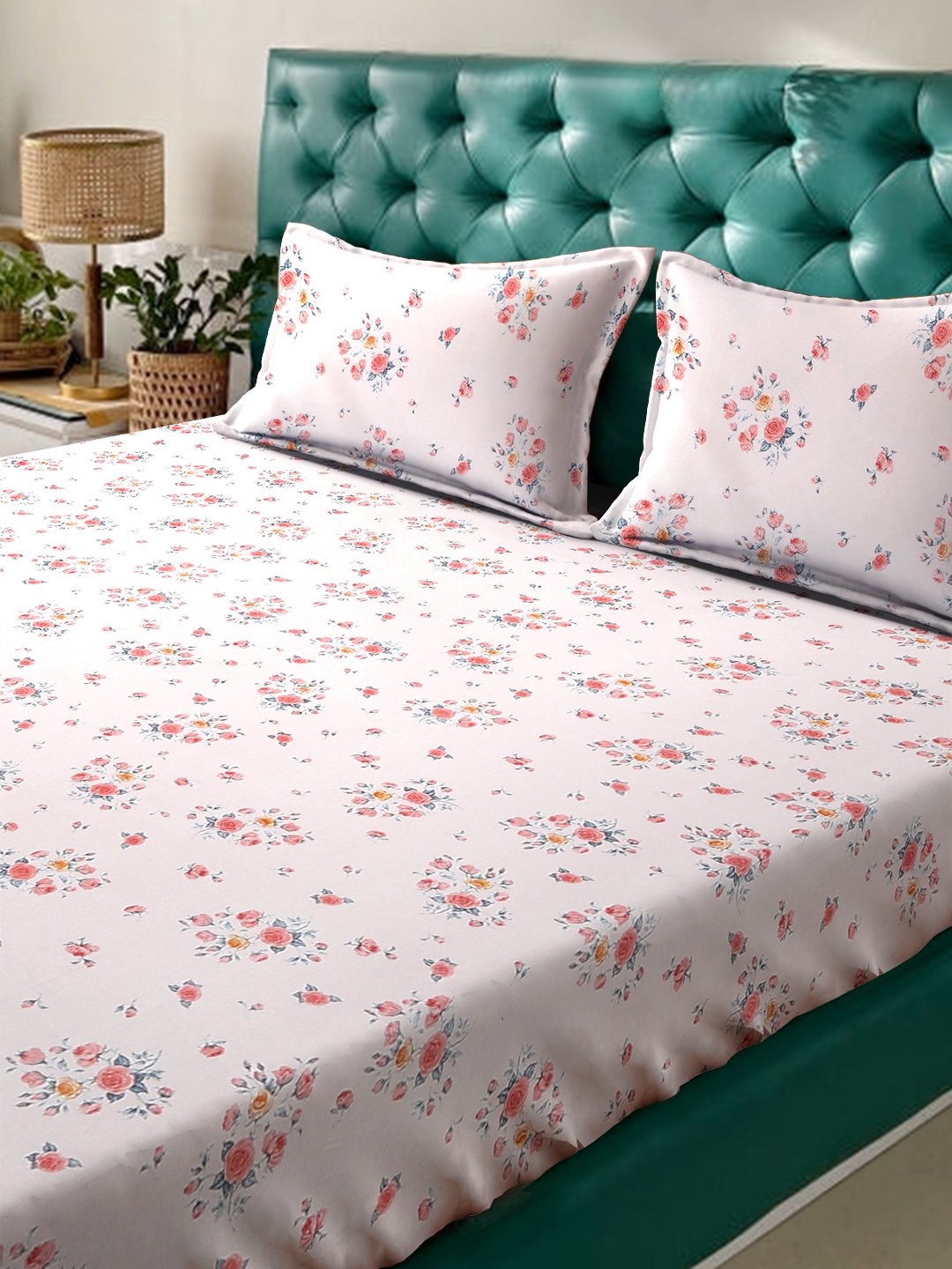 Pink Floral 300 TC Cotton Blend Double Bedsheet with 2 Pillow Covers