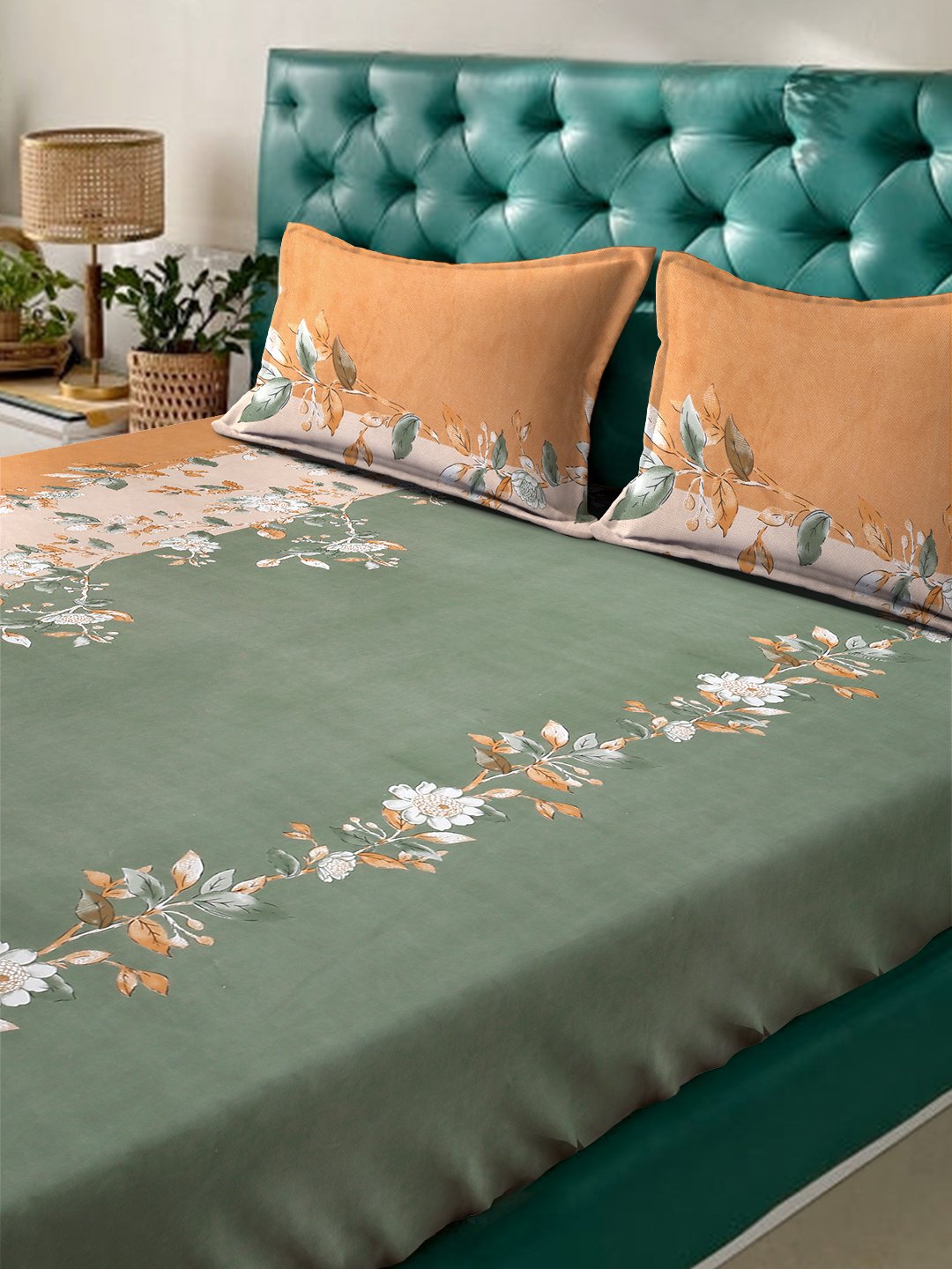 Green Floral  300 TC Cotton Blend Double Bedsheet with 2 Pillow Covers