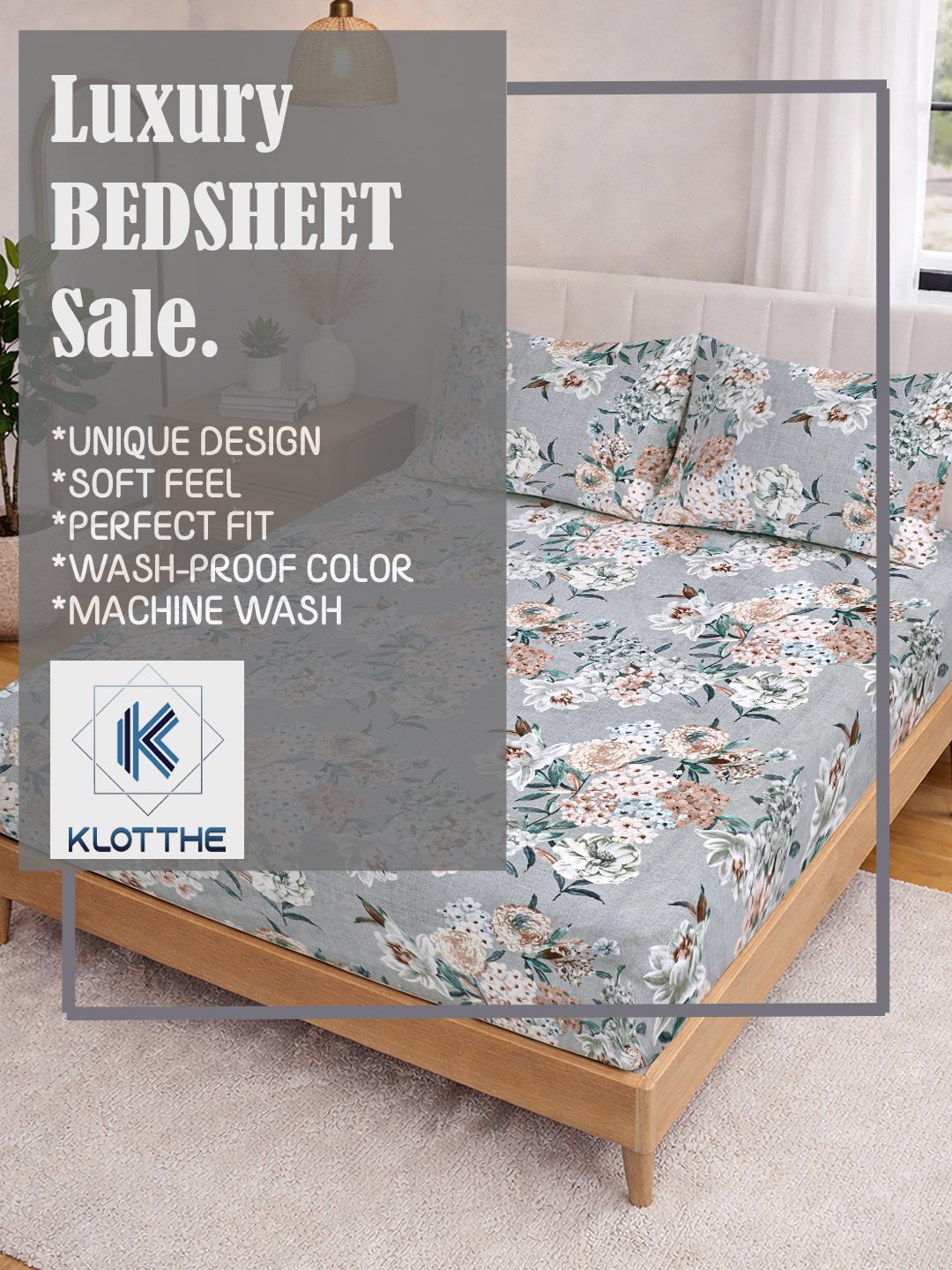 Grey Floral Cotton Blend Fitted Double Bedsheet with 2 Pillow Covers