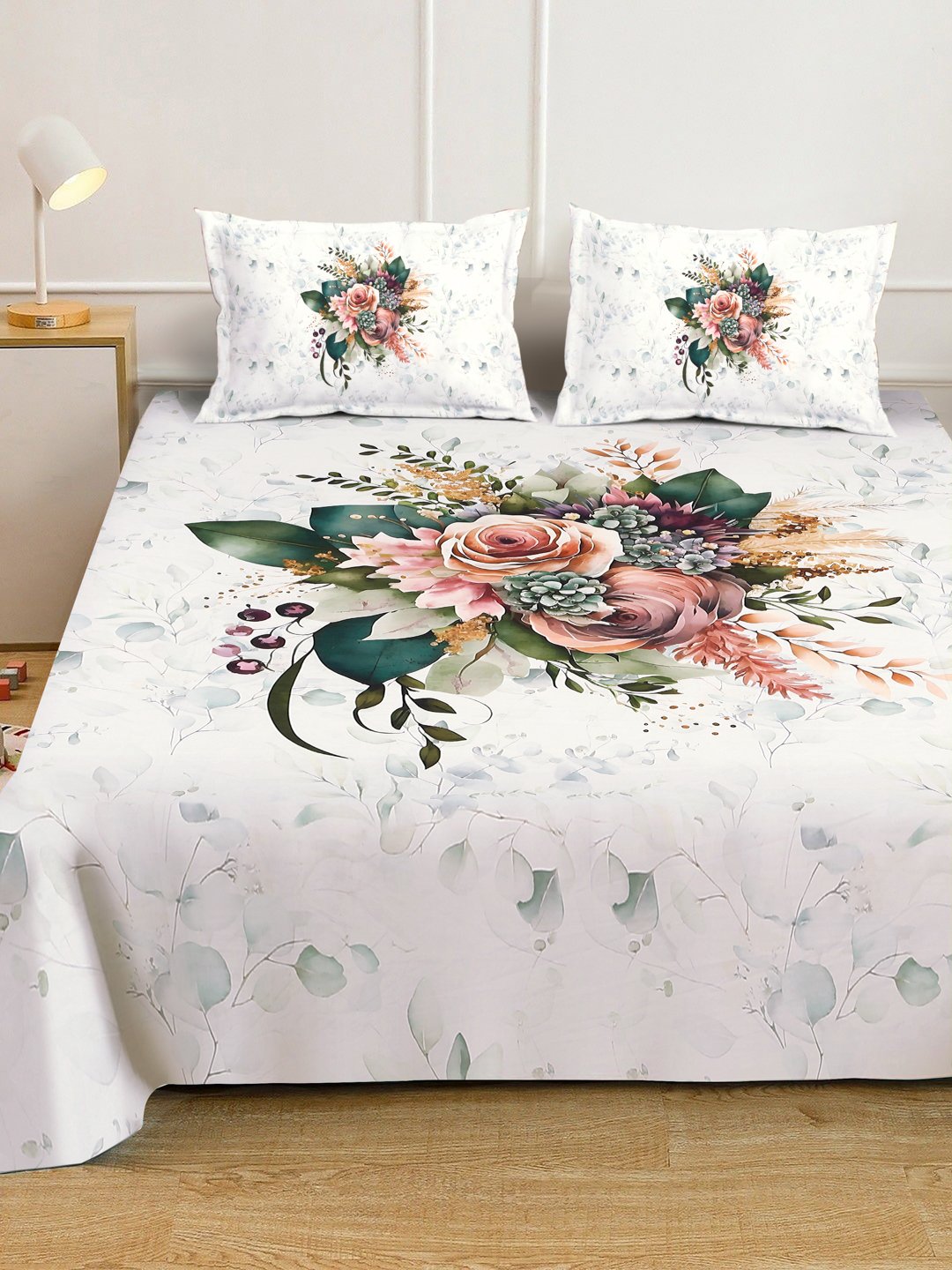 Cream 7D Floral Printed Fitted Cotton Blend Double Bedsheet with 2 Pillow Covers