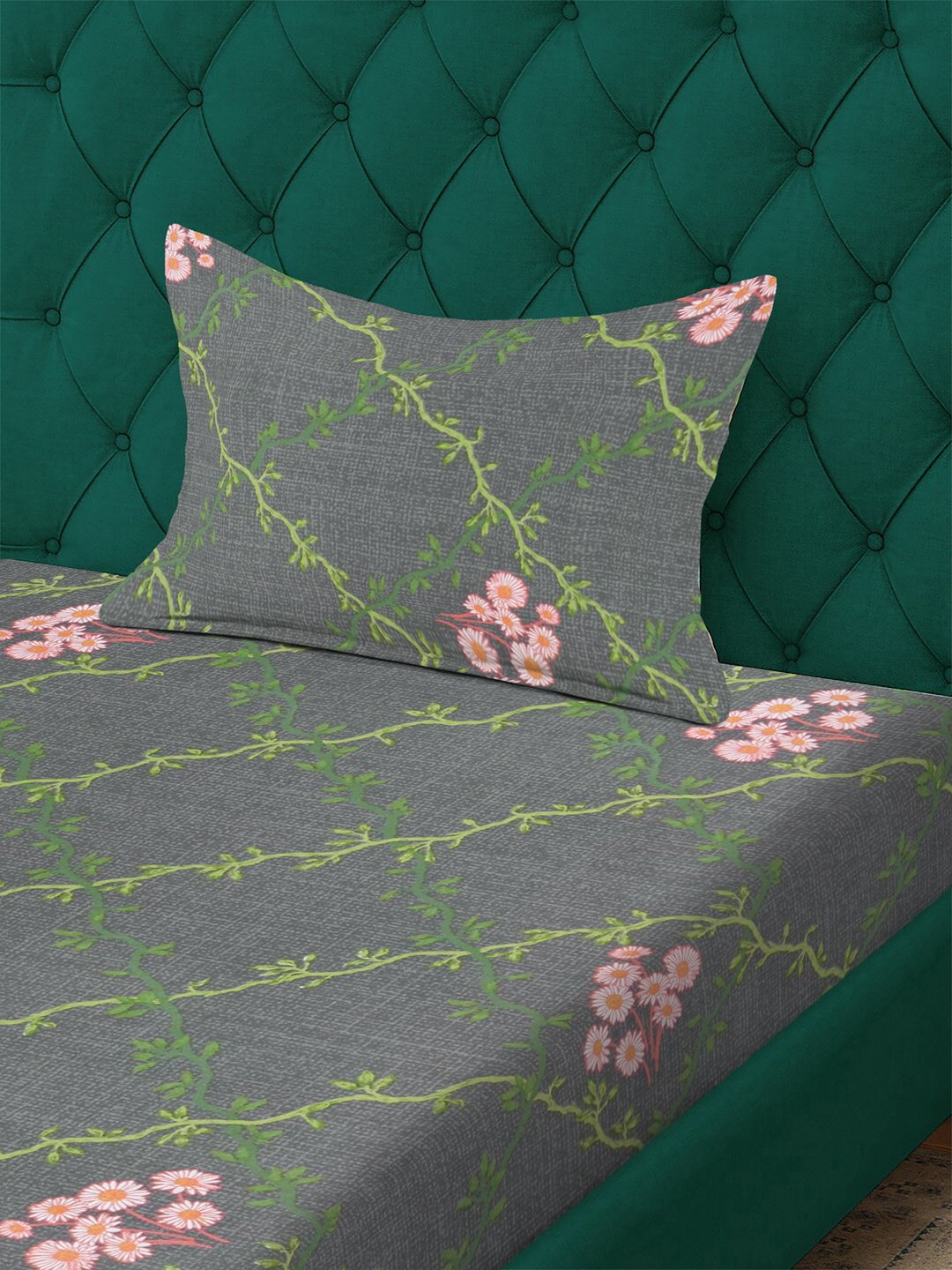 Grey Floral 300 TC Cotton Blend Fitted Single Bedsheet with Pillow Cover
