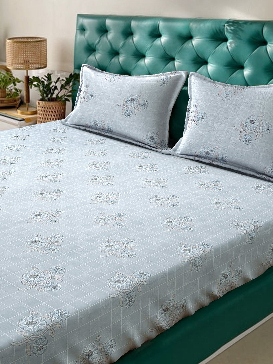 Grey Floral 400 TC Pure Cotton Double Bedsheet with 2 Pillow Covers