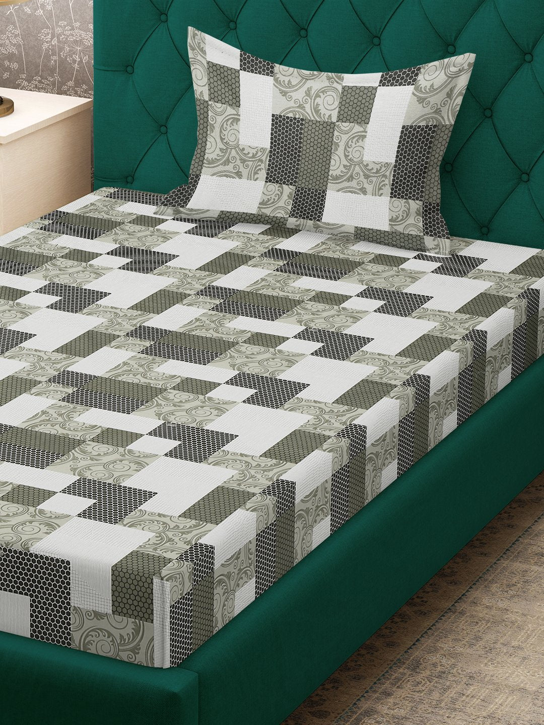 Olive Geometric 400 TC Pure Cotton Fitted Single Bedsheet with Pillow Cover
