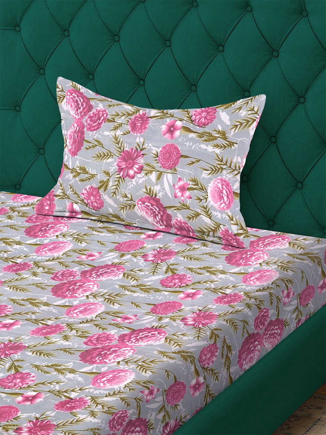 Pink Floral 300 TC Cotton Blend Single Bedsheet with Pillow Cover