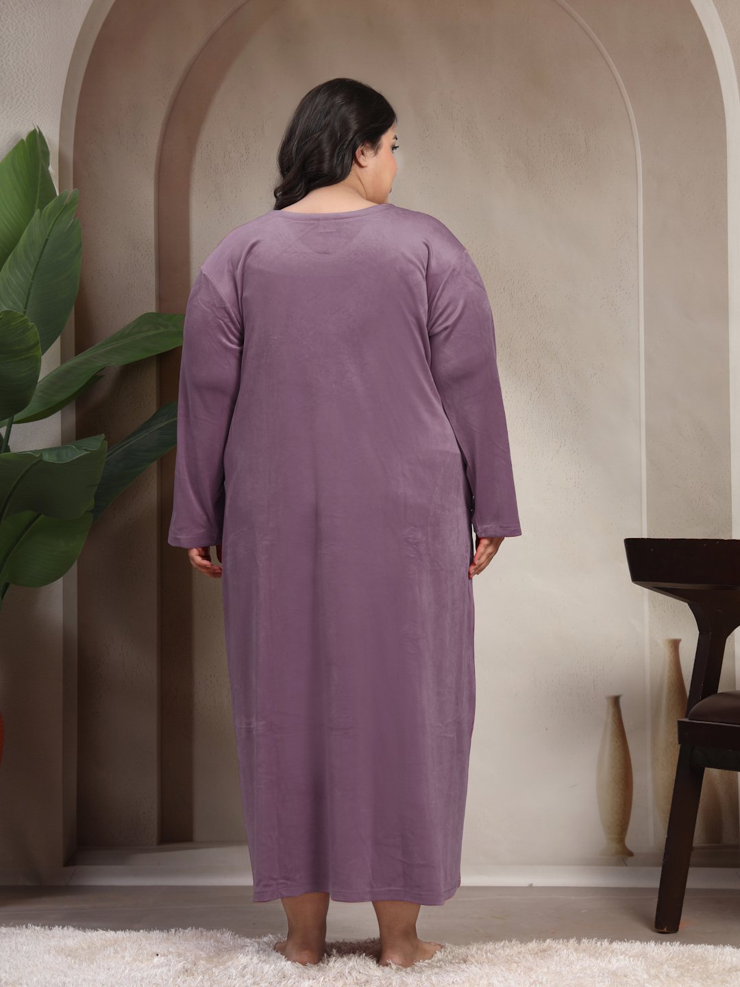 Klotthe Purple Solid Soft touch Velvet Maxi Nightdress