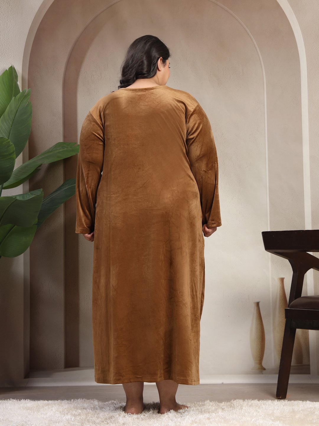 Klotthe Brown Solid Soft touch Velvet Maxi Nightdress