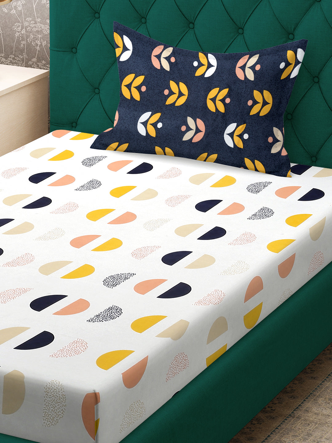Klotthe White Geometric 300 TC Cotton Blend Fitted Single Bedsheet with Pillow Cover