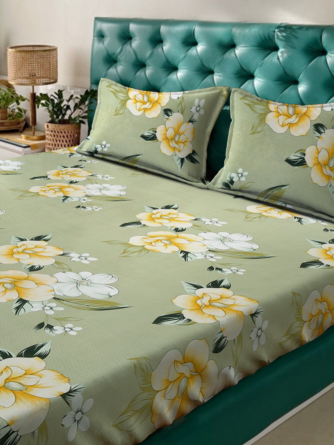 Green Floral  300 TC Cotton Blend Double Bedsheet in Book Fold Packing