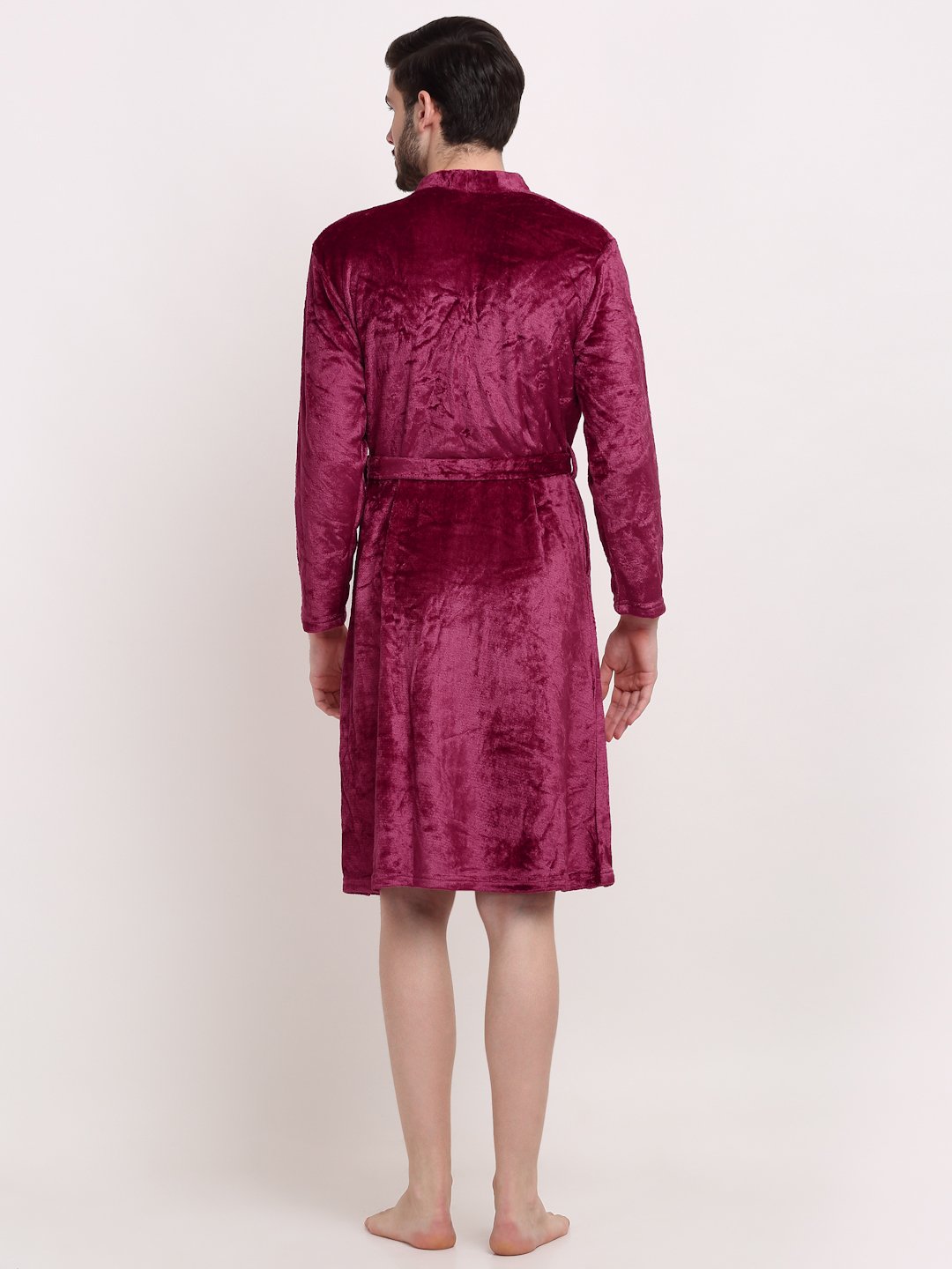 Men Maroon Solid Wool Bath Robe With Belt