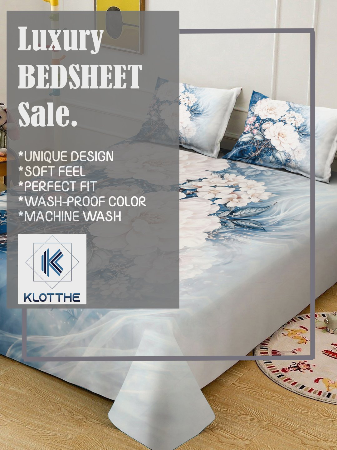 Blue Digital Floral Printed Cotton Blend Fitted Double Bedsheet with 2 Pillow Covers
