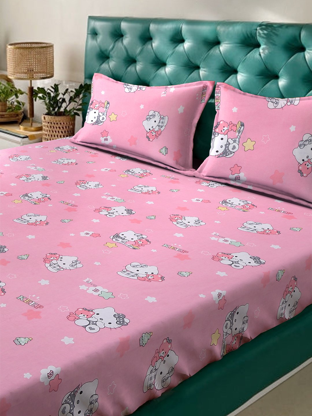 Pink Cartoon Characters 400 TC Pure Cotton Double Bedsheet with 2 Pillow Covers