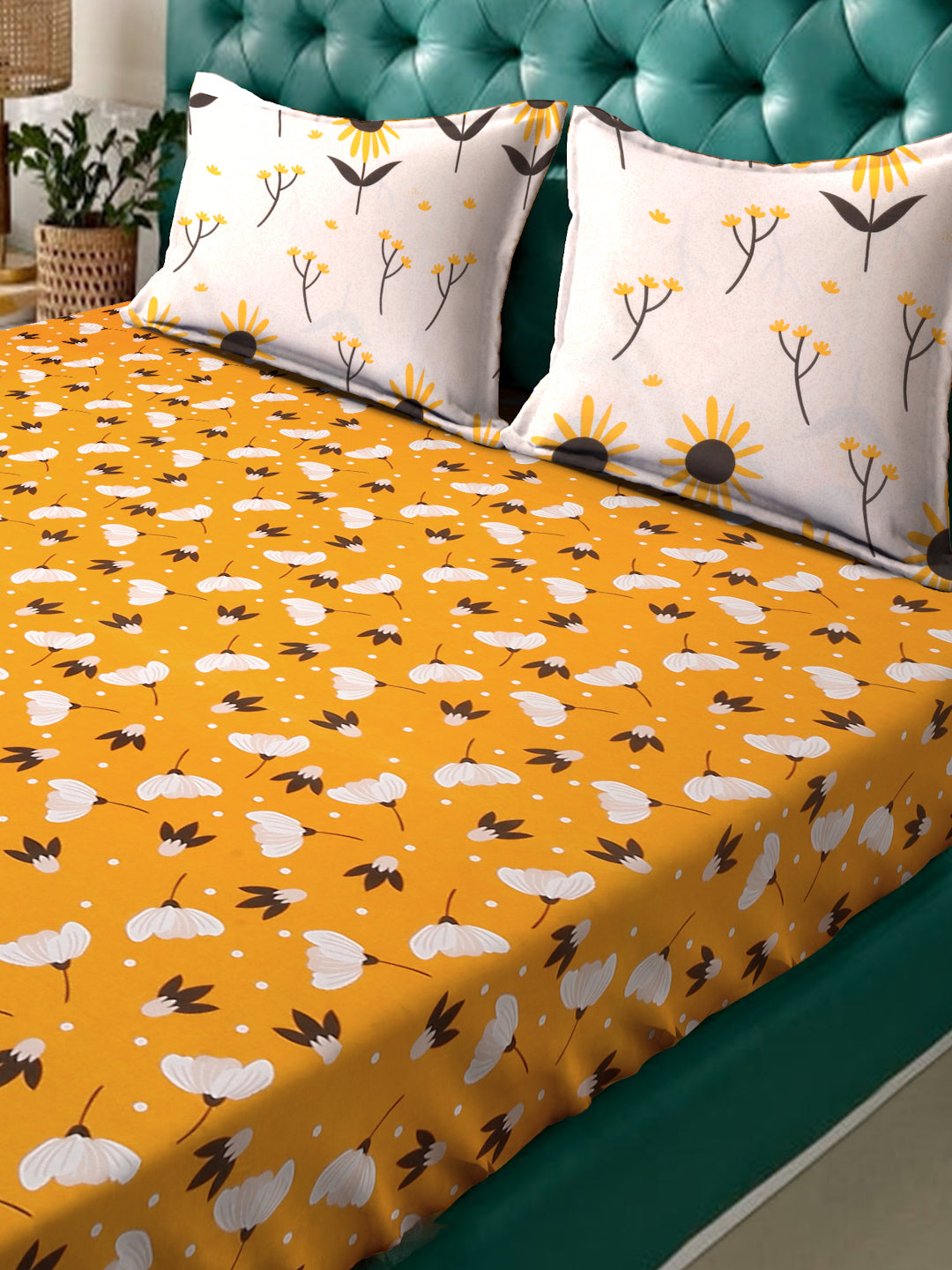 Klotthe Yellow Floral 300 TC Cotton Blend Fitted Double Bedsheet in Book Fold Packing