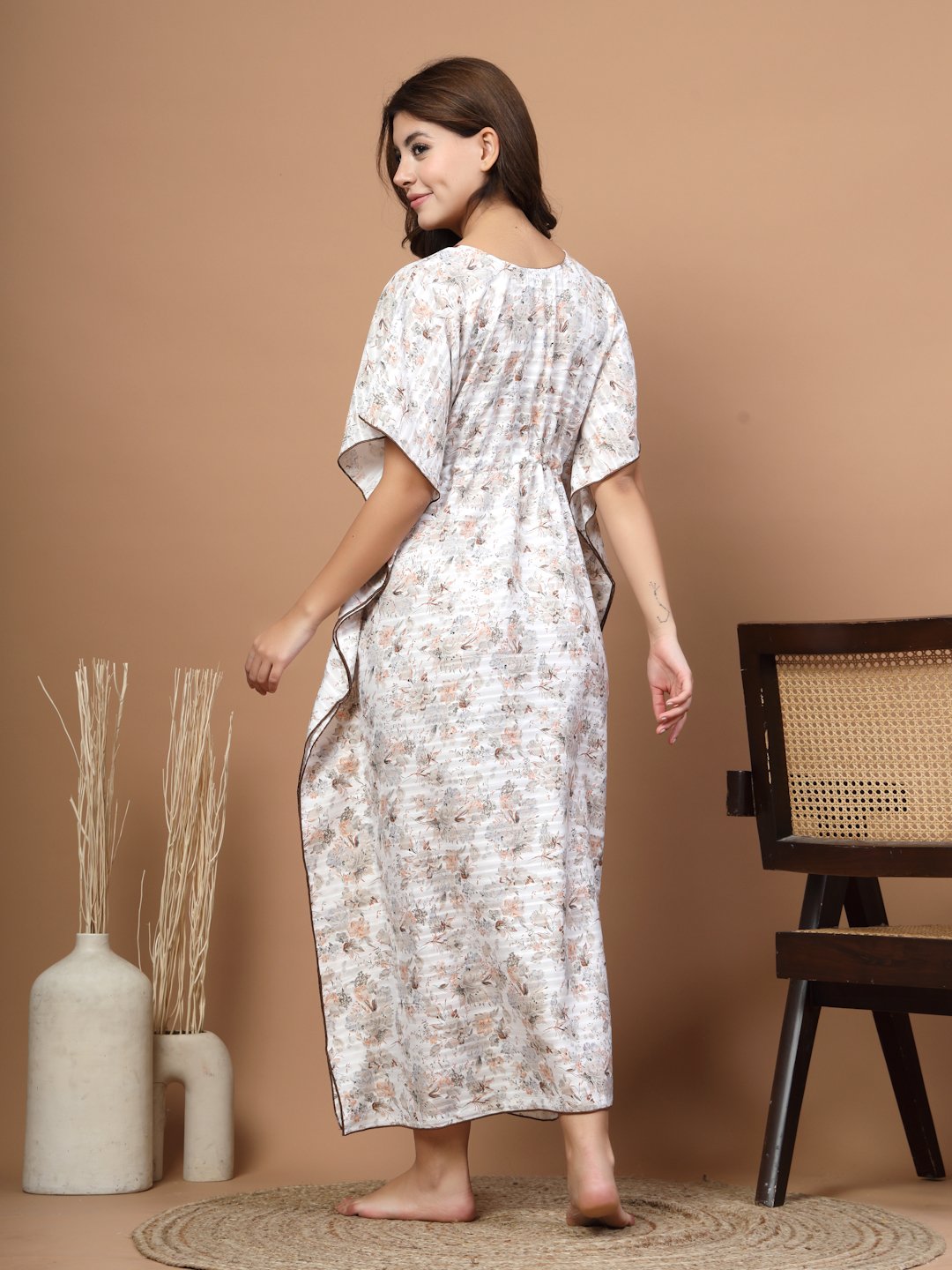 White Floral Cotton Blend Kaftan Maxi Nightdress