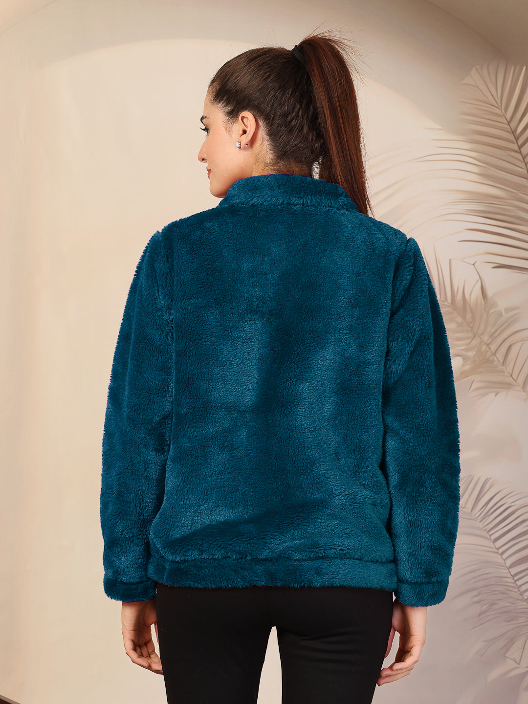 Klotthe Women Blue Solid Woolen Fur Winter Jacket
