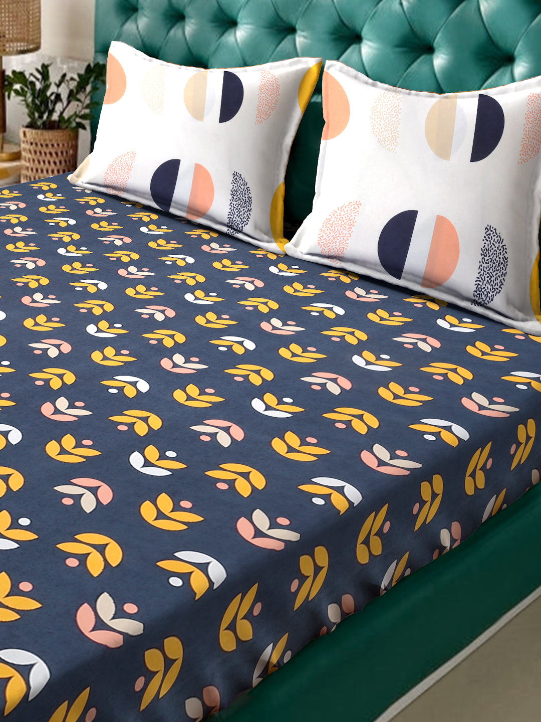 Klotthe Blue Floral 300 TC Cotton Blend Double Bedsheet in Book Fold Packing