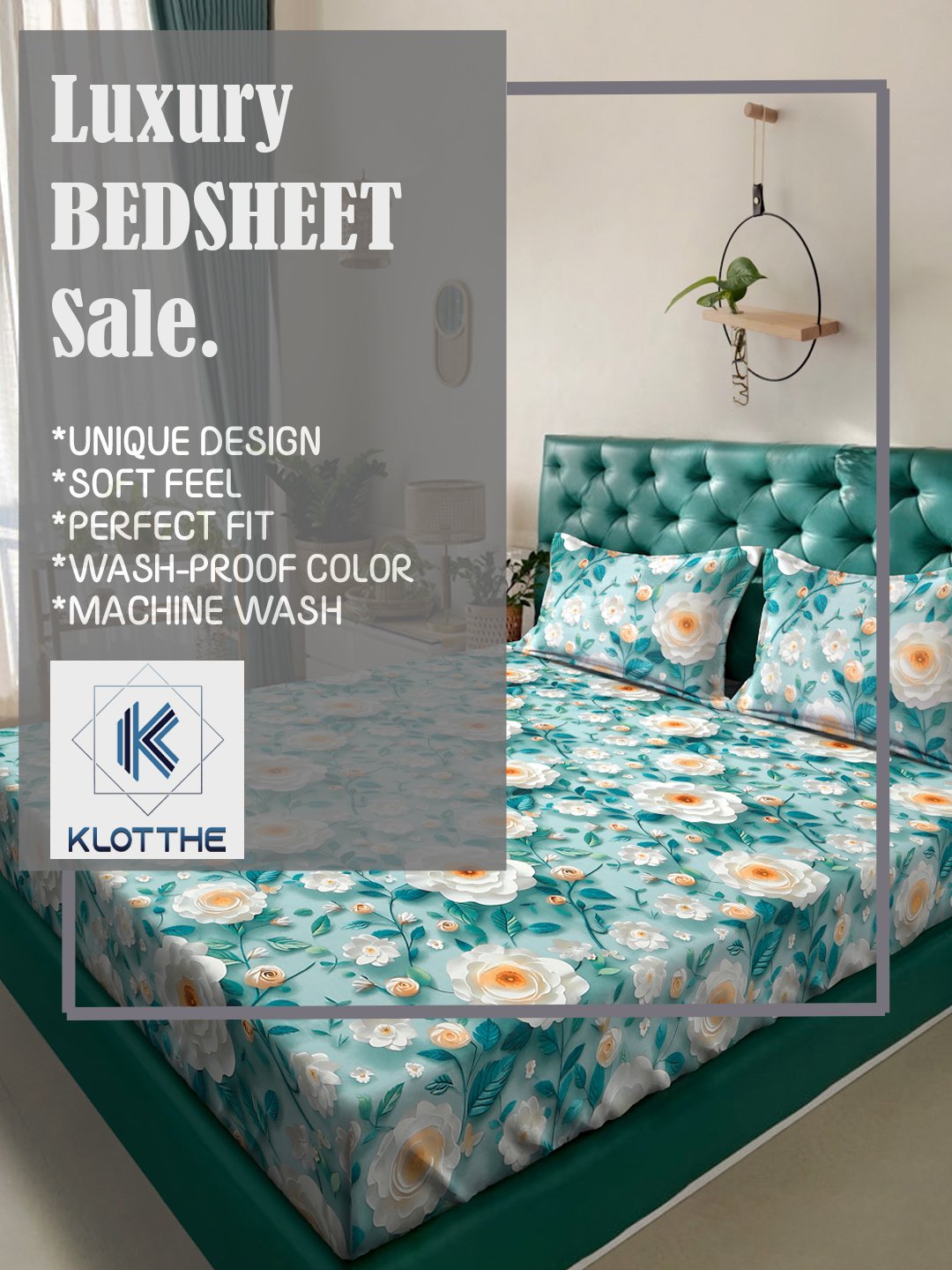 Turquoise Floral 7D King Size Cotton Blend Double Bedsheet with 2 Pillow Covers