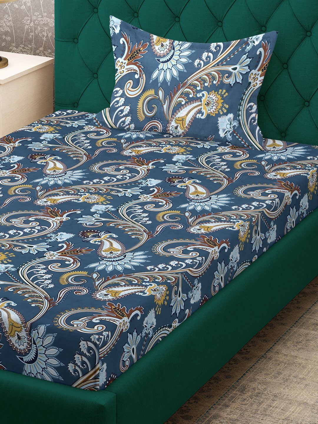 Blue Floral 300 TC Cotton Blend Fitted Single Bedsheet Set in Book Fold Packing