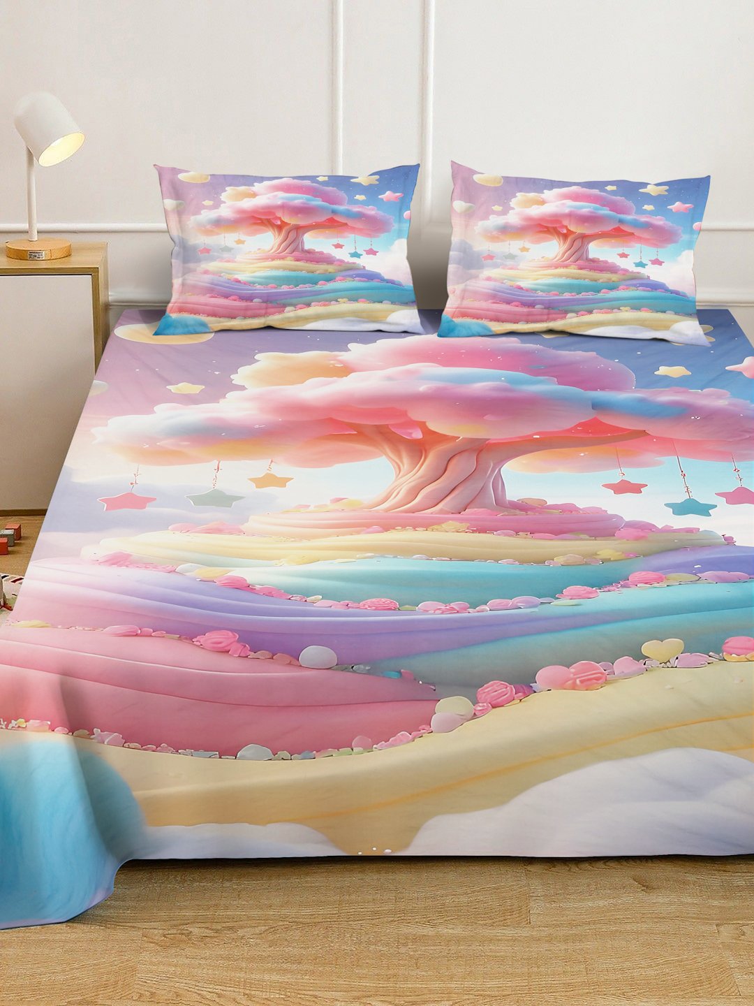 Multi 7D Floral Printed Fitted Cotton Blend Double Bedsheet with 2 Pillow Covers