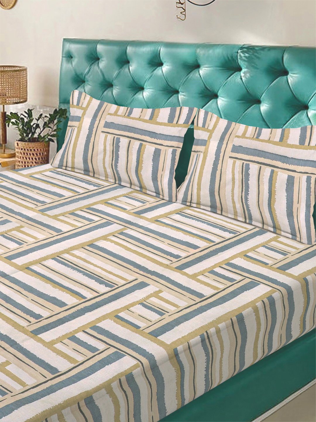 Multi Geometric 300 TC Cotton Blend Fitted Double Bedsheet with 2 Pillow Covers