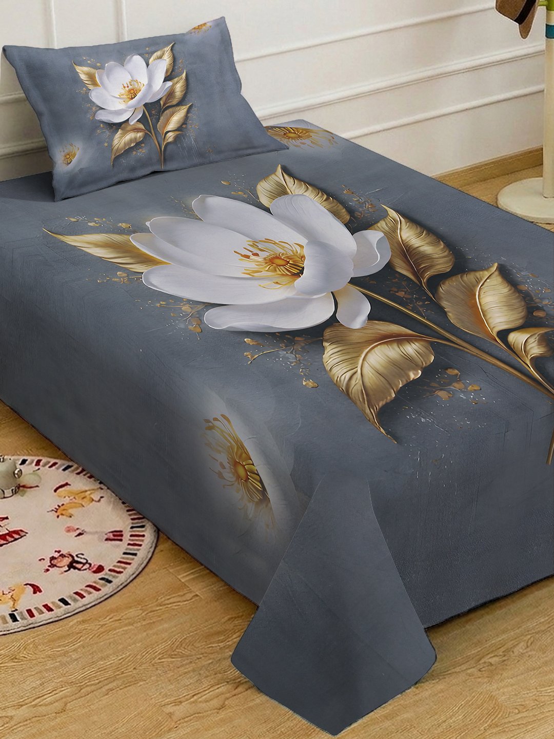 Grey Digital Floral Printed Cotton Blend Fitted Single Bedsheet with Pillow Cover