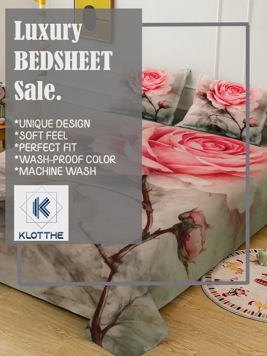 Pink Digital Floral Printed Cotton Blend Fitted Double Bedsheet with 2 Pillow Covers