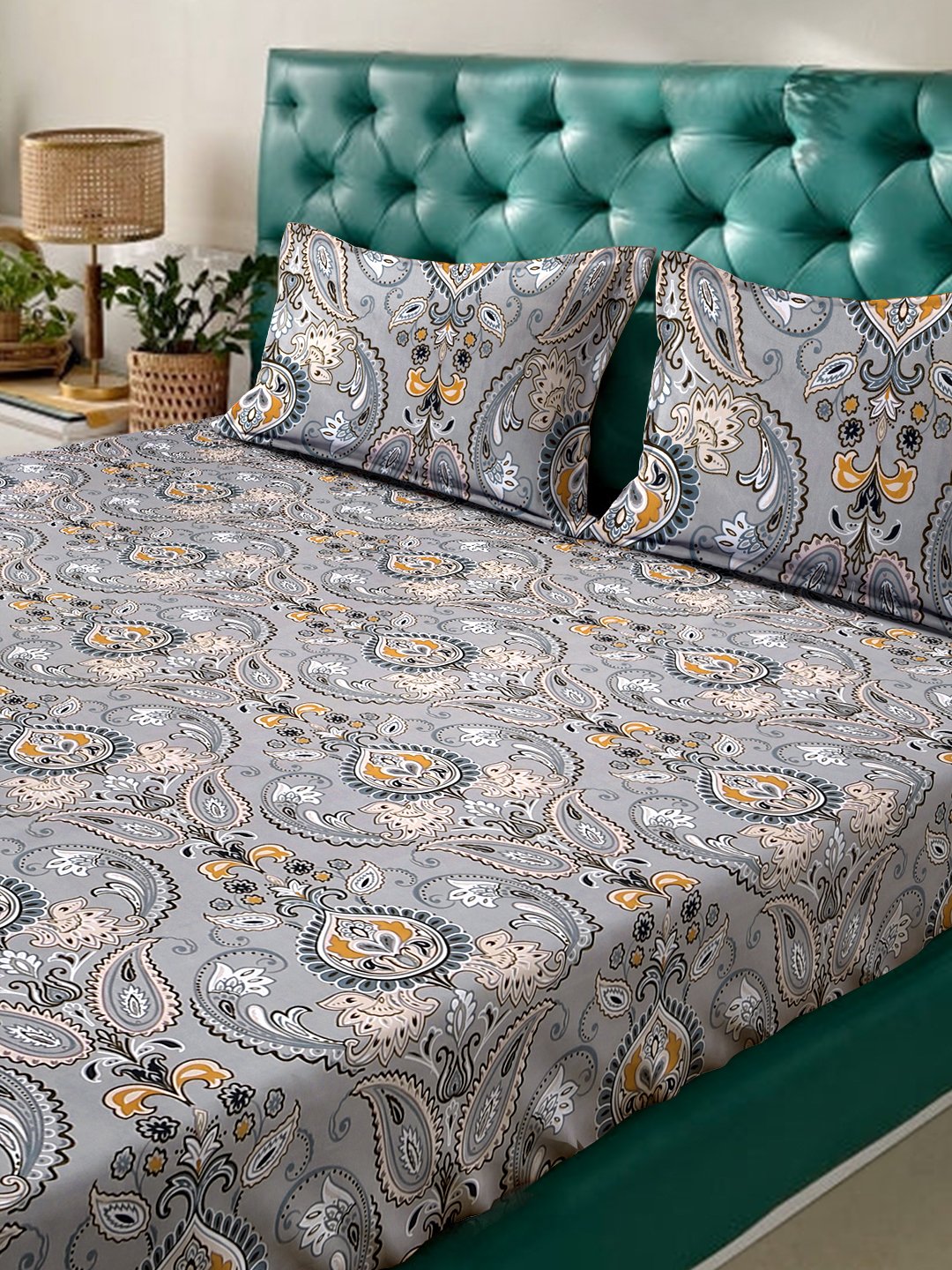 Grey Ethnic Motifs 300 TC Cotton Blend Fitted Super King Double Bedsheet with 2 Pillow covers