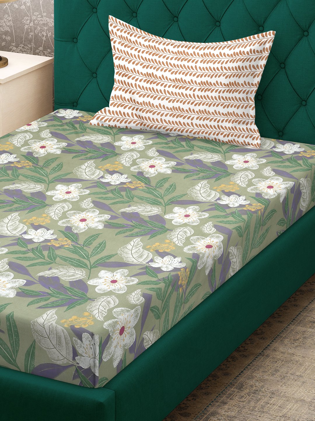 Green Floral 300 TC Cotton Blend Fitted Single Bedsheet with Pillow Cover