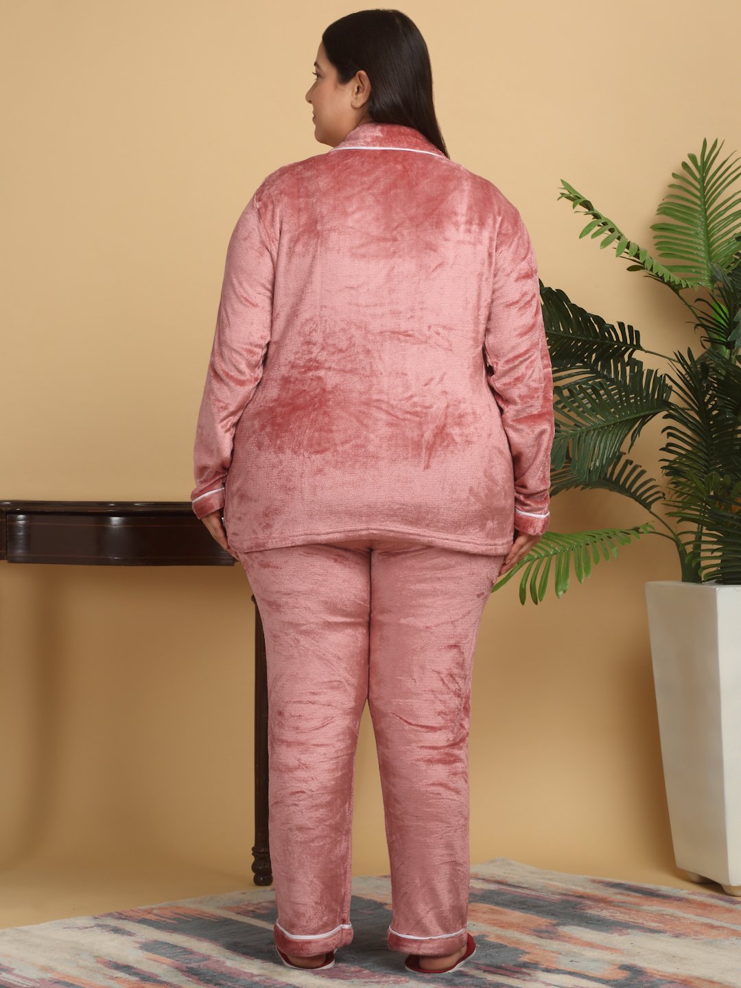 Women Rust Solid Plus Size Woolen Night Suit