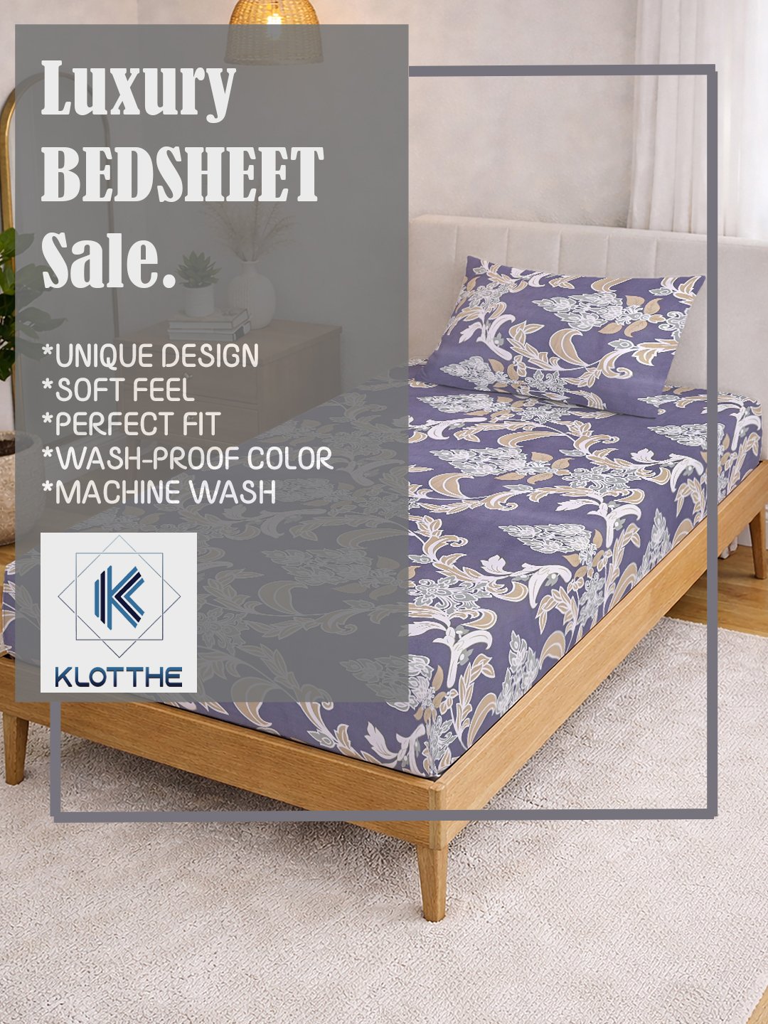 Purple Floral Cotton Blend Fitted Single Bedsheet with Pillow Cover