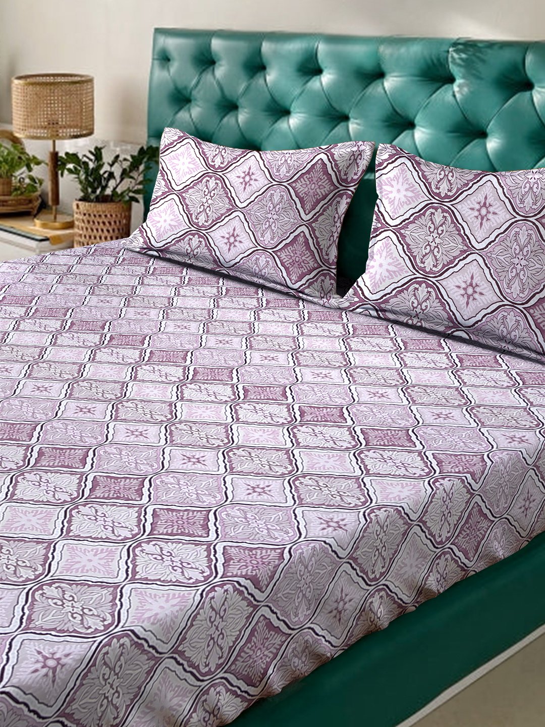 Purple Floral 400 TC Pure Cotton Fitted Double Bedsheet with 2 Pillow Covers