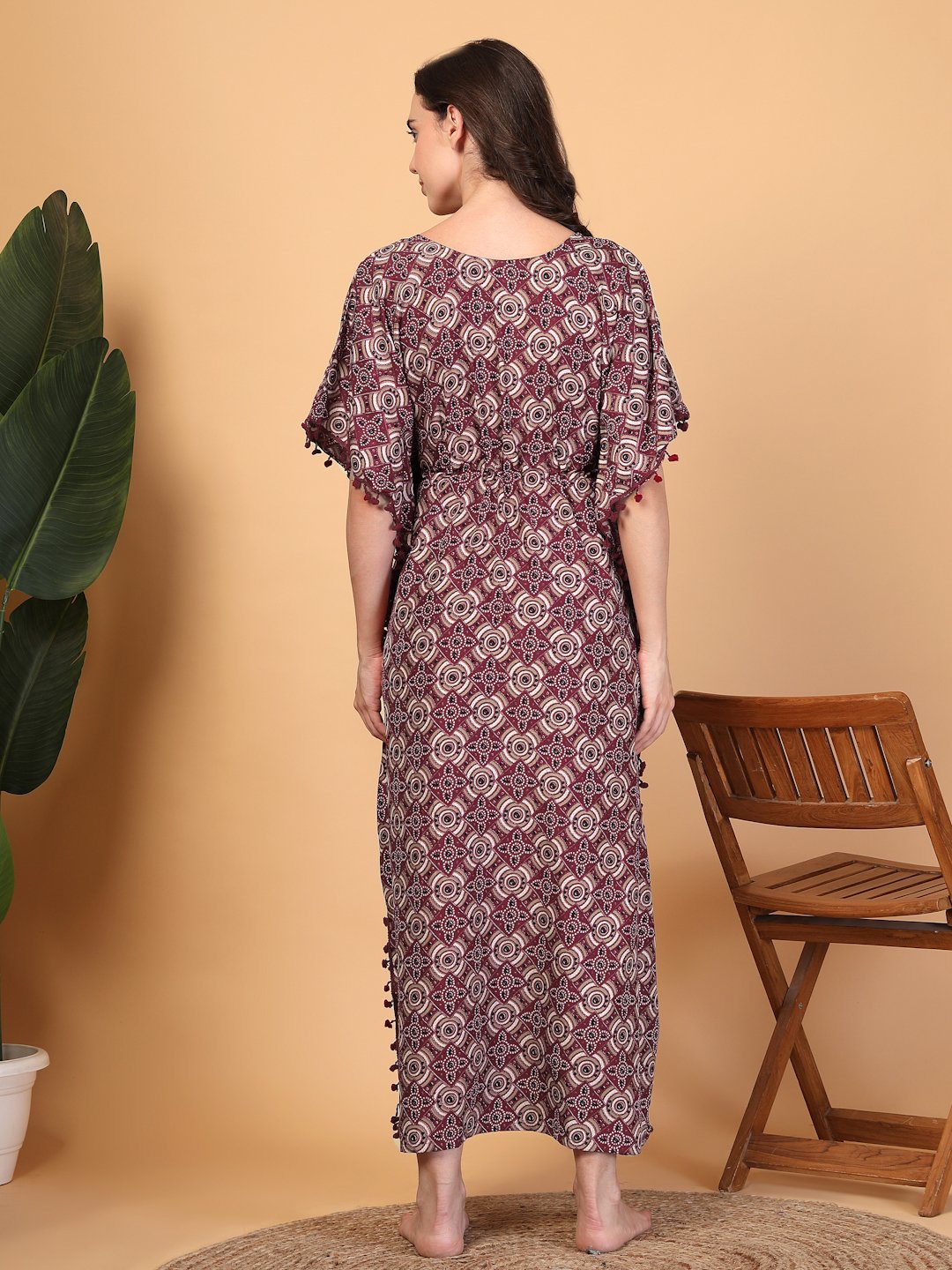Red Floral Cotton Blend Kaftan Maxi Nightdress