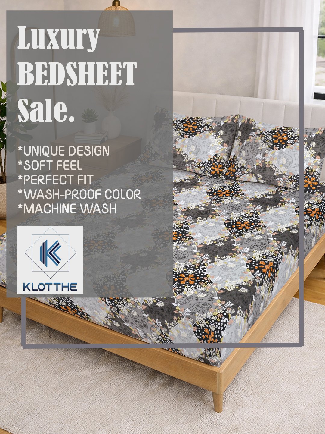 Grey Floral Cotton Blend Double Bedsheet with 2 Pillow Covers
