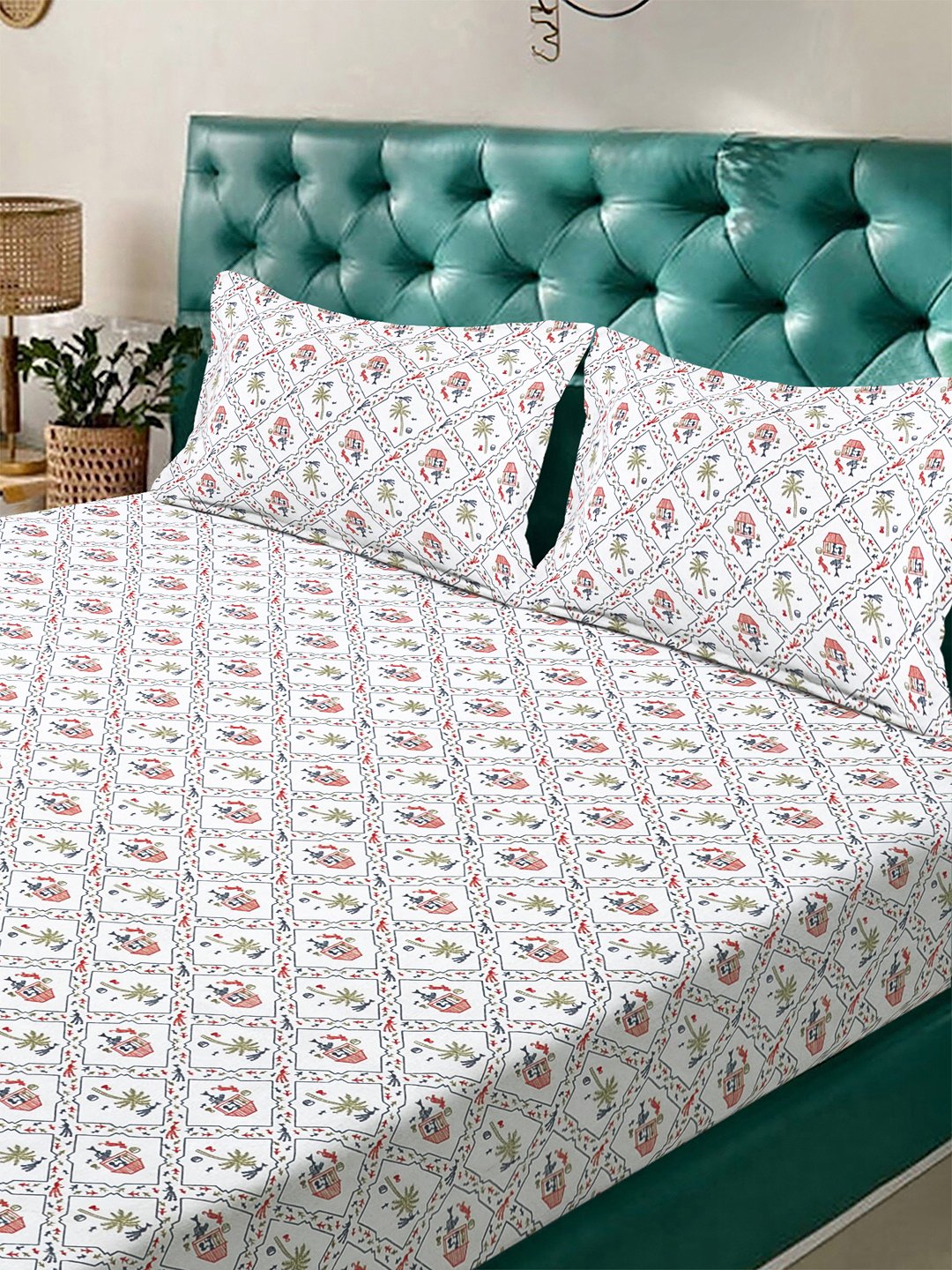White Floral 300 TC Cotton Blend Double Bedsheet with 2 Pillow Covers