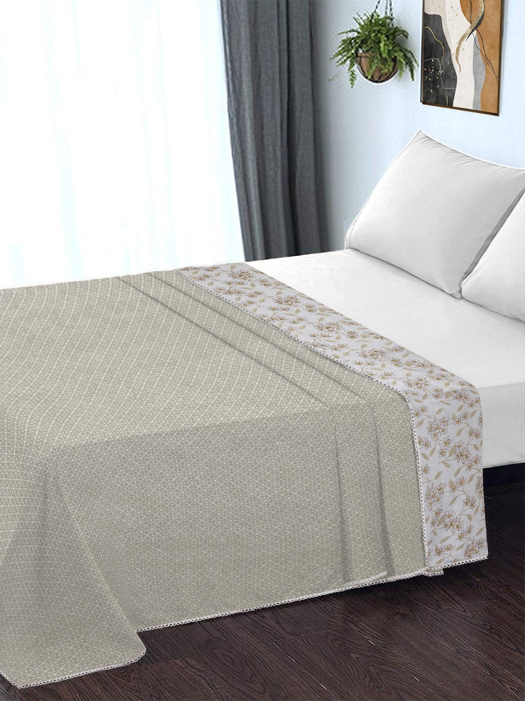 Beige Pure Cotton Floral Double Bed Dohar