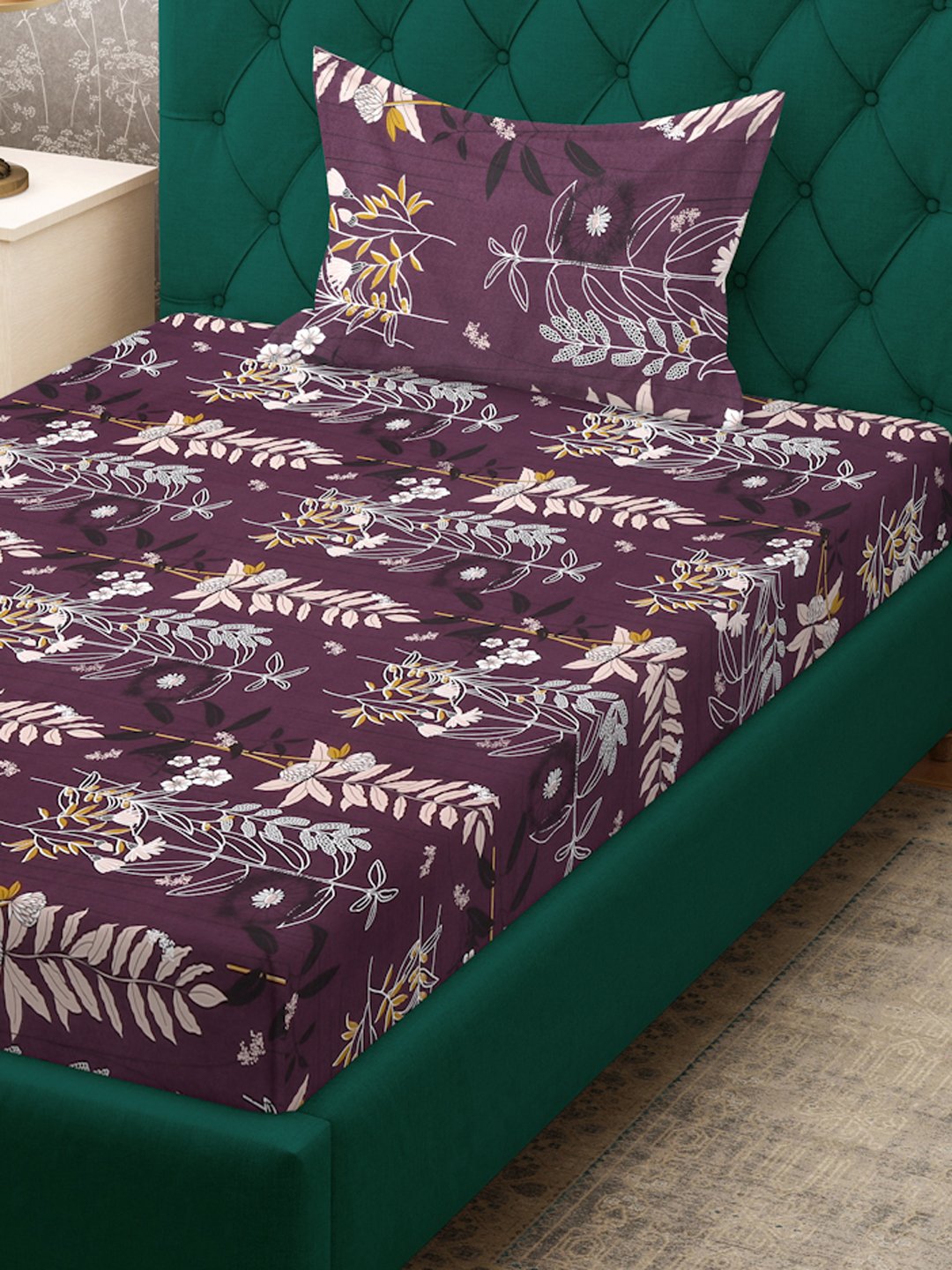 Purple Floral 300 TC Cotton Blend Single Bedsheet with Pillow Cover