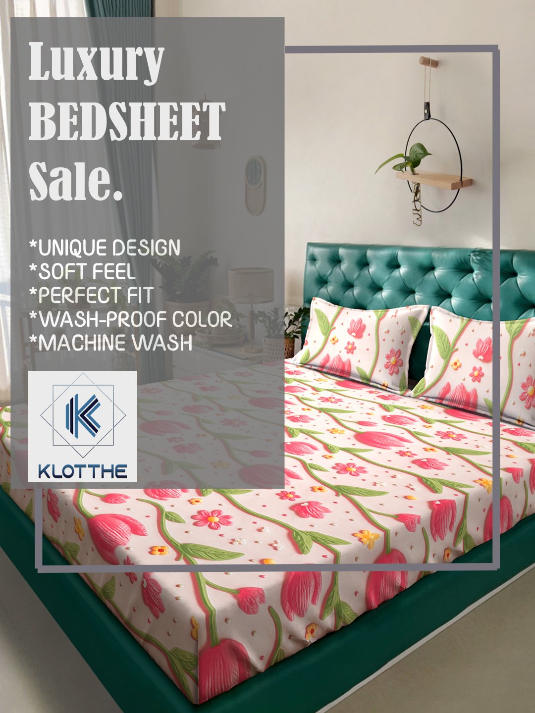Beige Floral 7D King Size Cotton Blend Double Bedsheet with 2 Pillow Covers