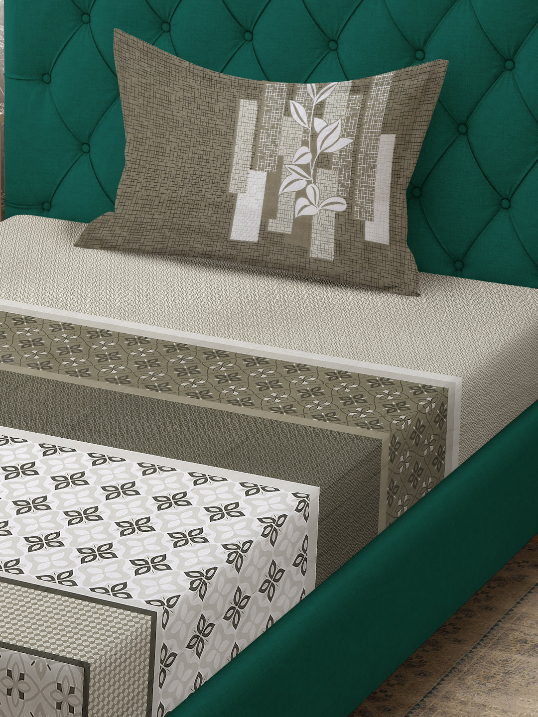 Klotthe Olive Geometric 400 TC Pure Cotton Single Bedsheet with Pillow Cover
