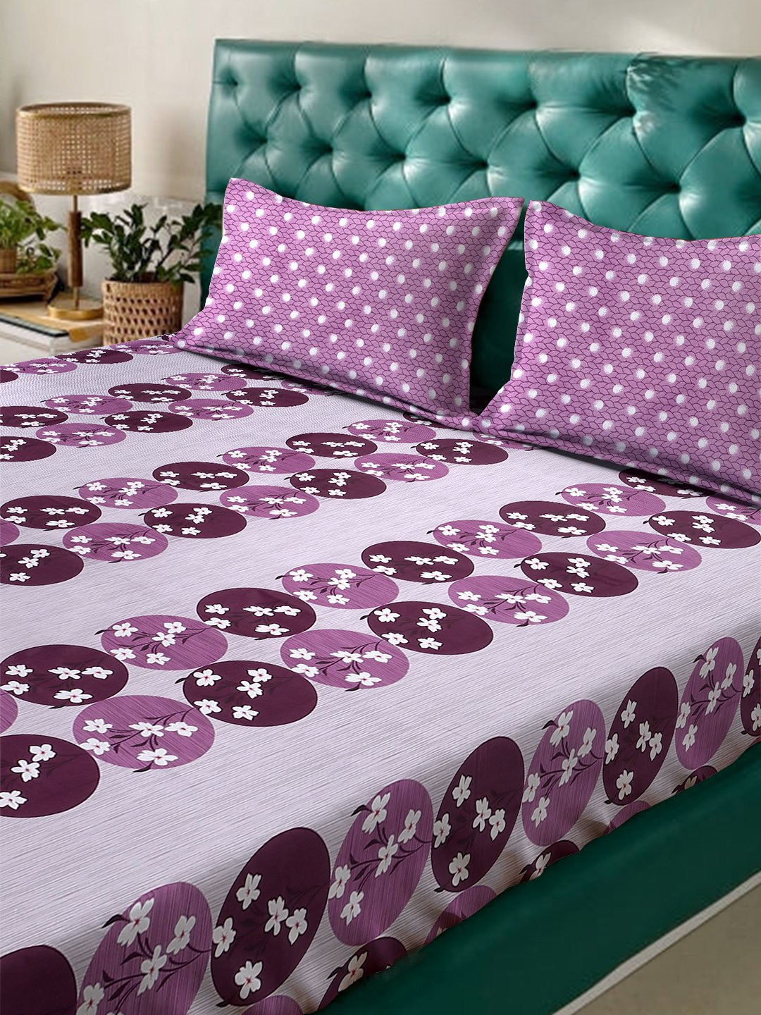 Purple Floral 400 TC Pure Cotton Double Bedsheet with 2 Pillow Covers