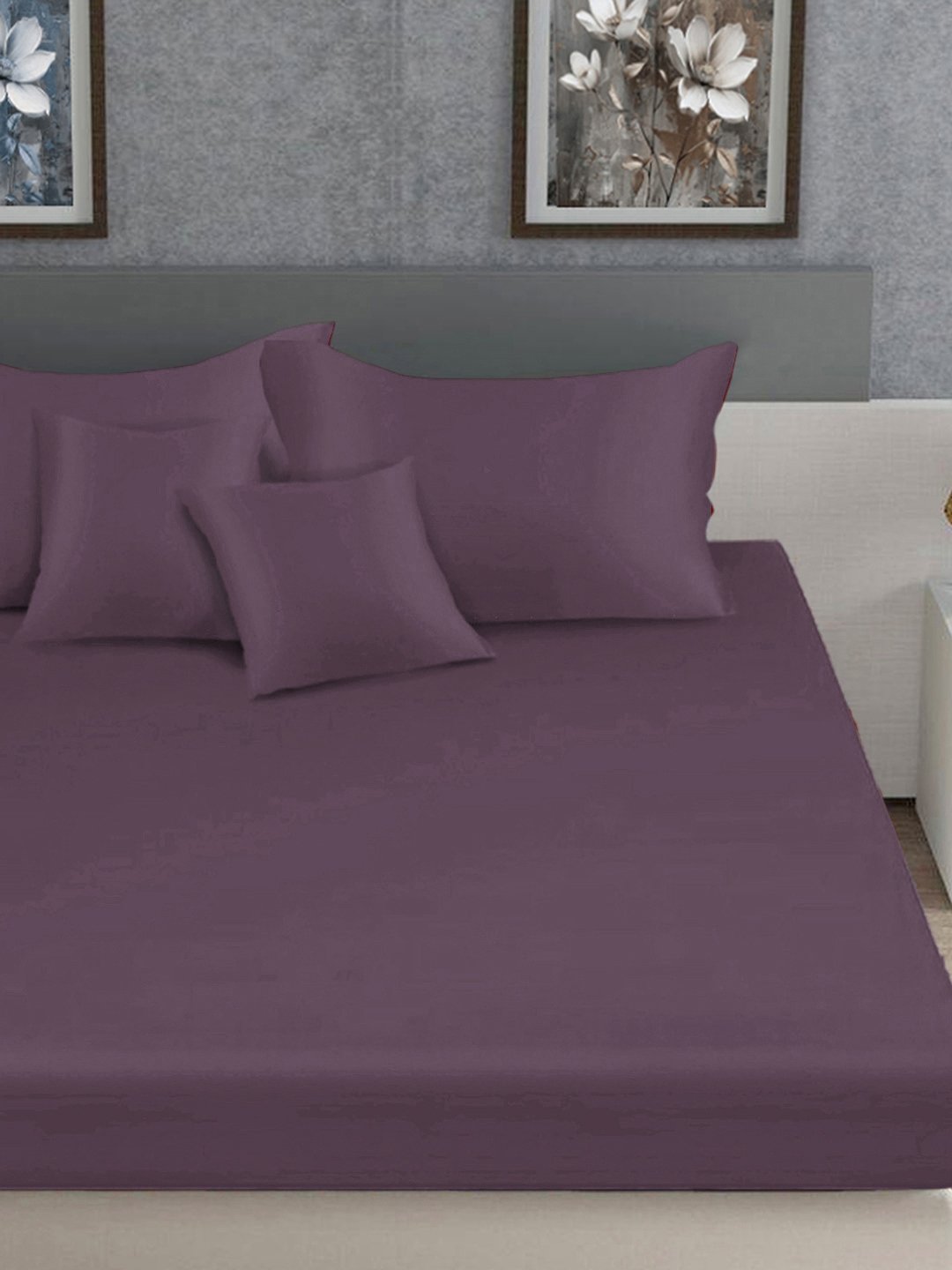 Purple Solid 400 TC Satin Super King Double Bedsheet with 2 Pillow Covers & 2 Cushion Covers