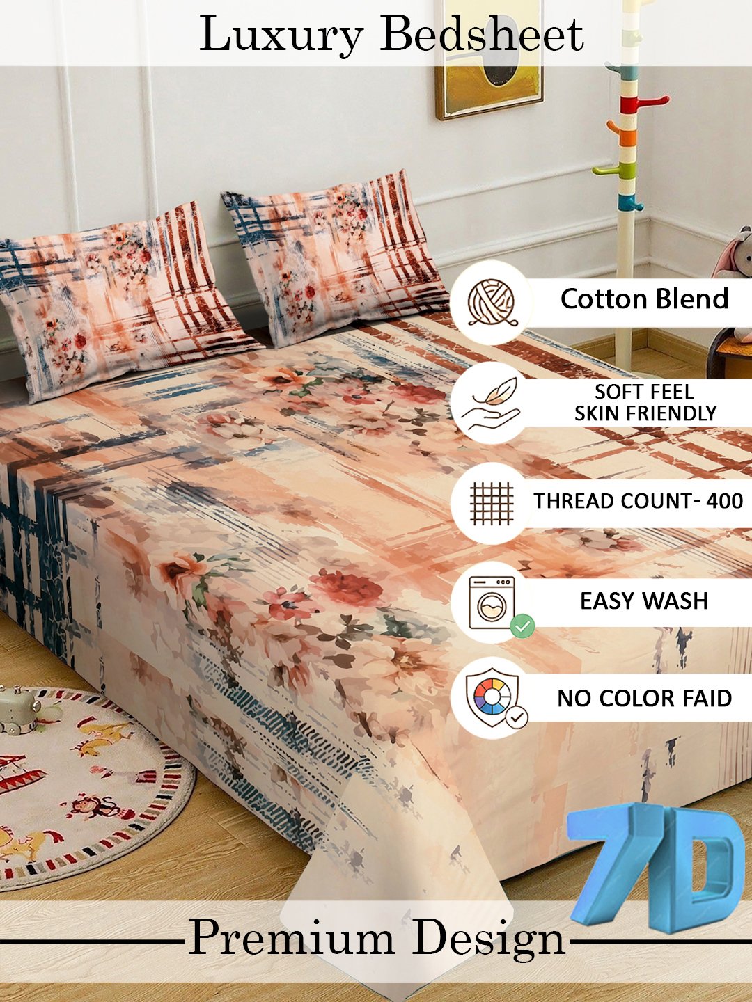 Multi Digital Floral Printed Fitted Cotton Blend Double Bedsheet with 2 Pillow Covers