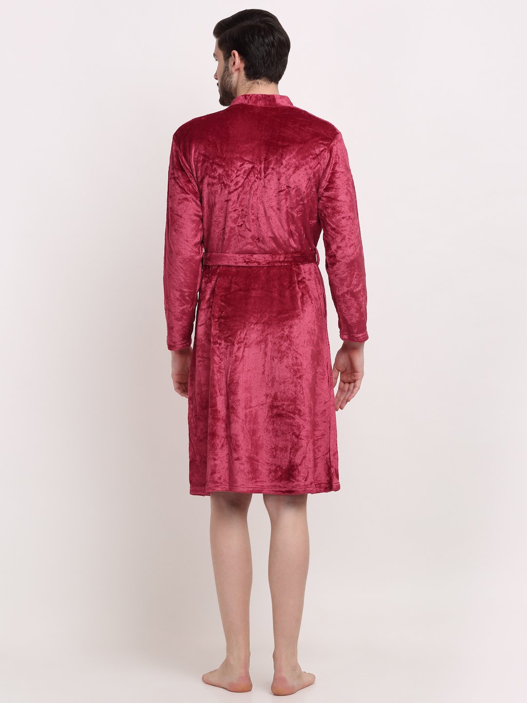 Men Red Solid Wool Bath Robe With Belt