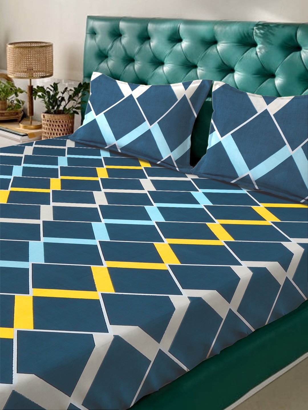 Blue Geometric 300 TC Cotton Blend Double Bedsheet in Book Fold Packing