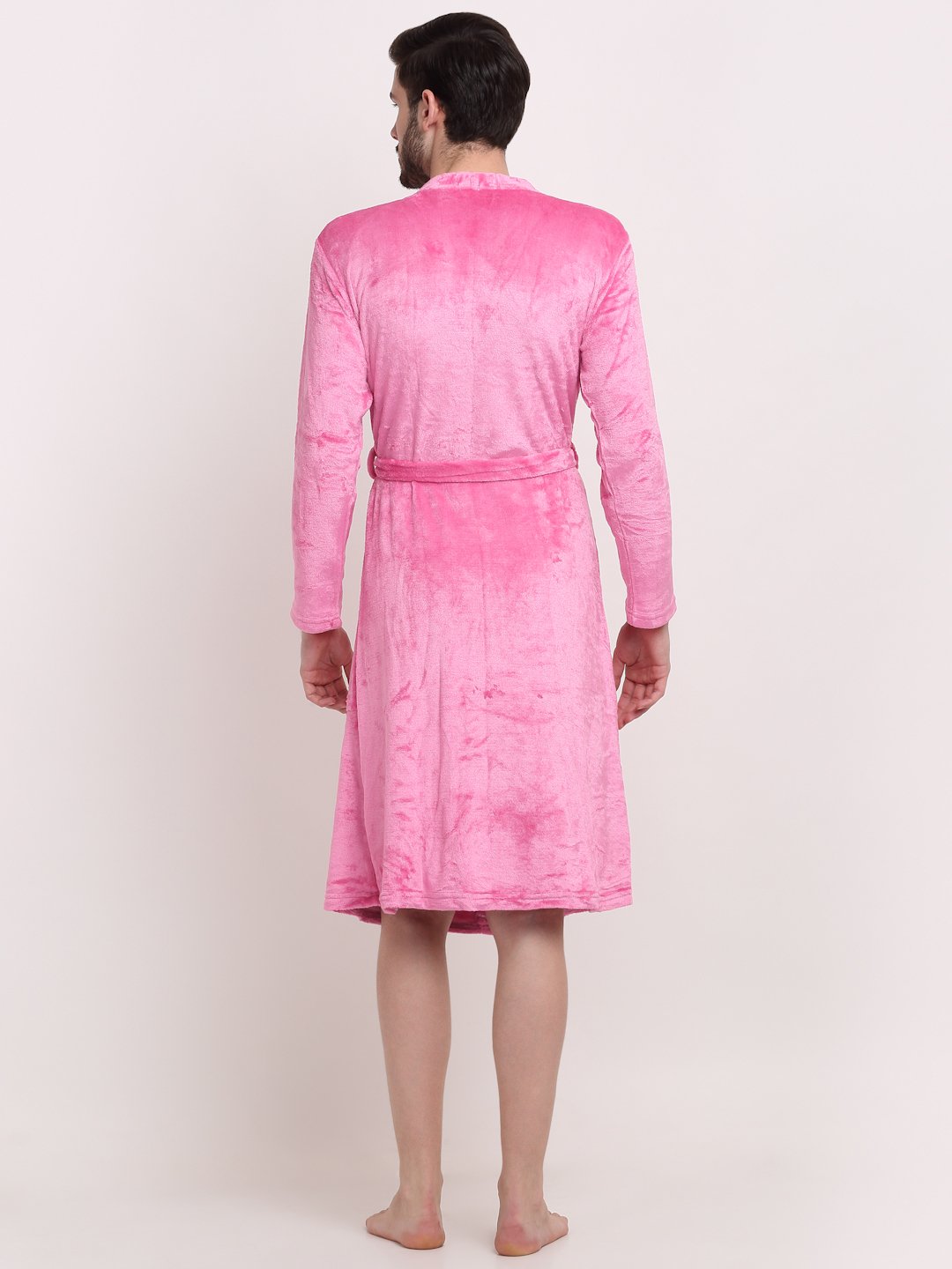 Men LightPink Solid Wool Bath Robe With Belt