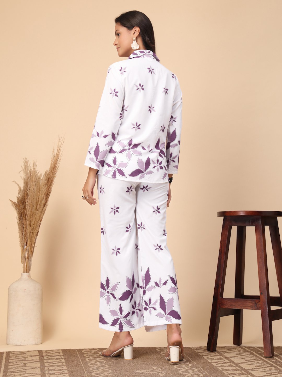 White Cotton Printed Shirt With Trousers Co-Ords Set
