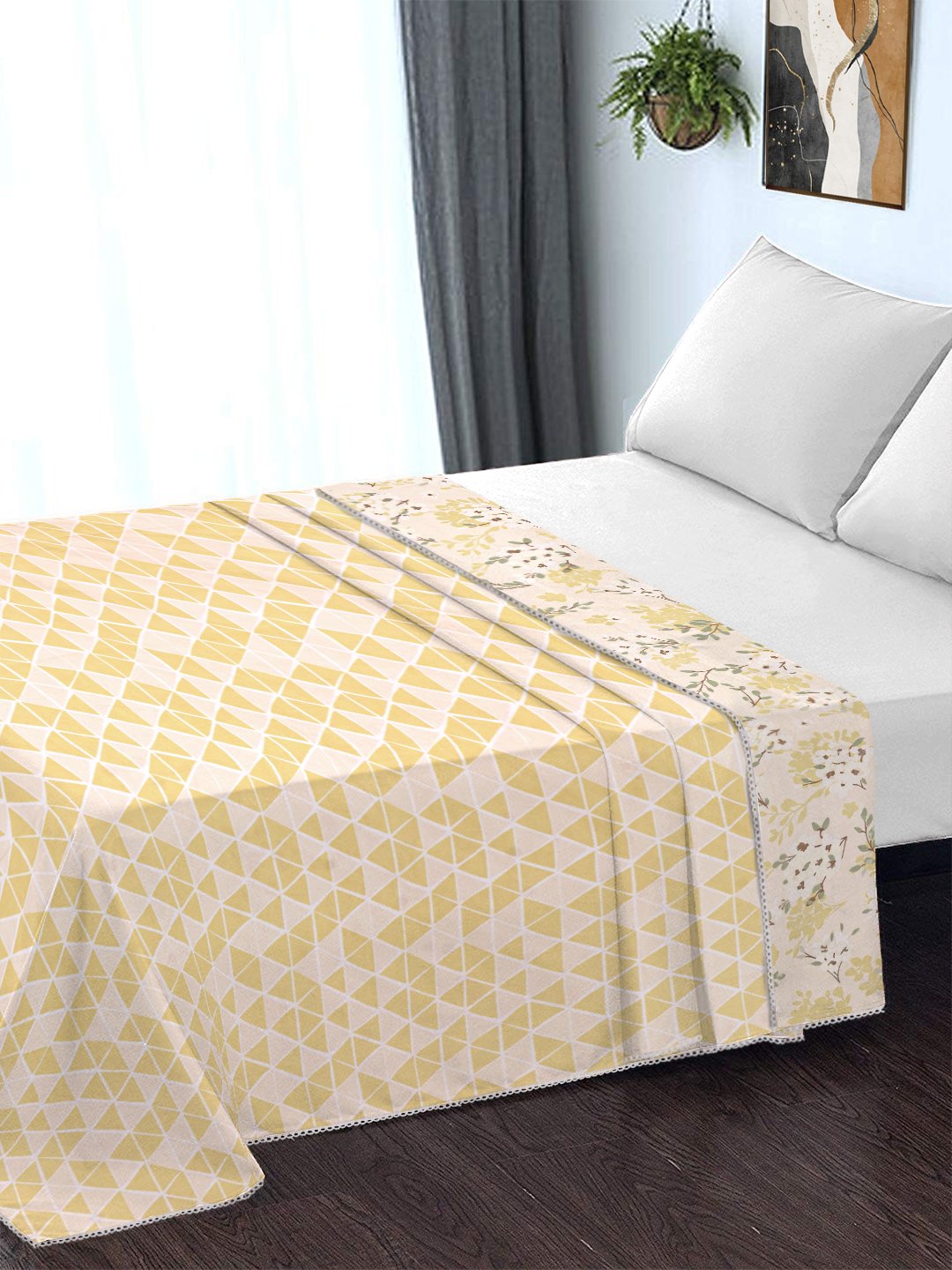 Yellow Cotton Blend Floral Double Bed Dohar