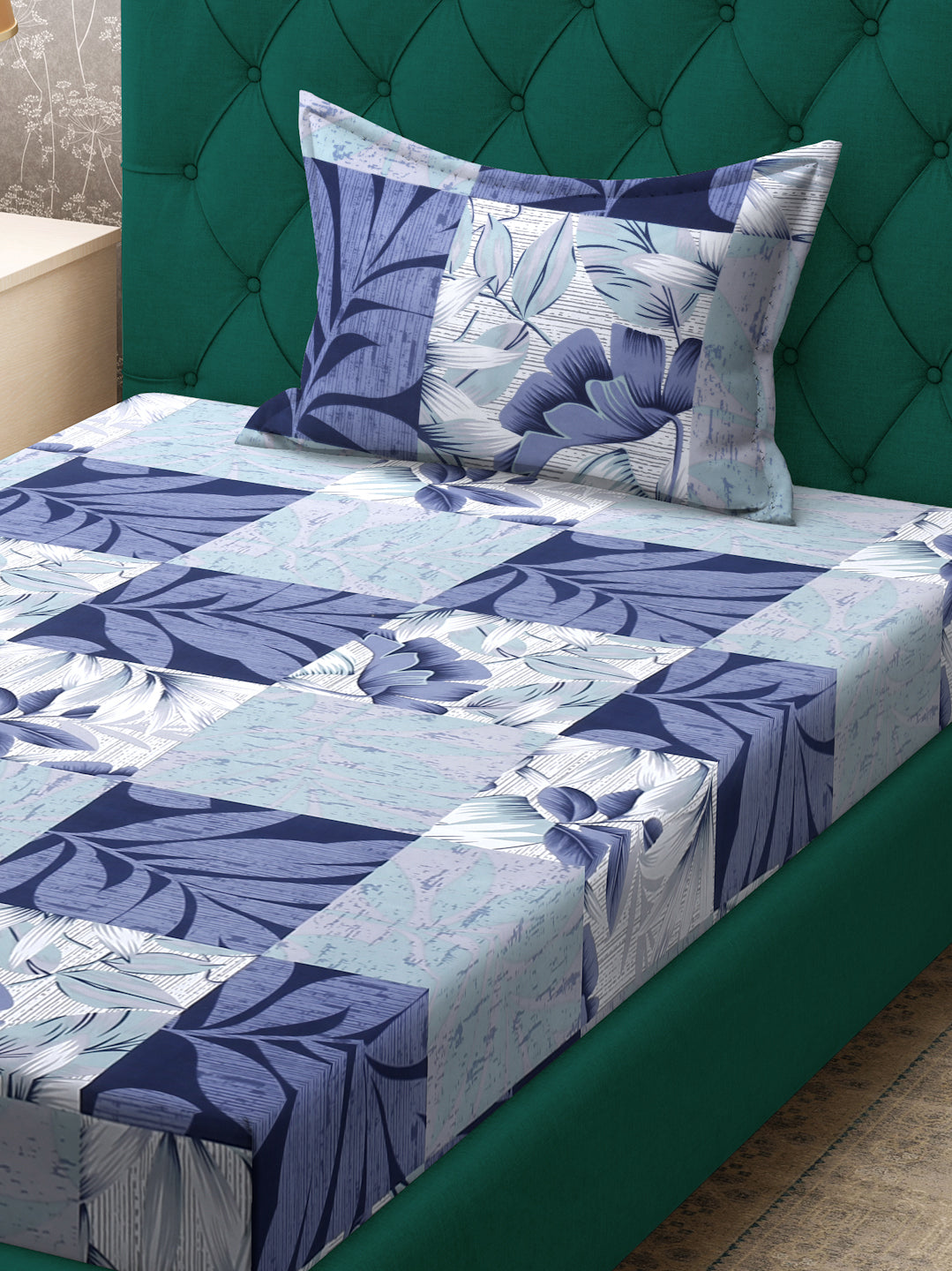 Klotthe Blue Floral 300 TC Cotton Blend Fitted Single Bedsheet with Pillow Cover