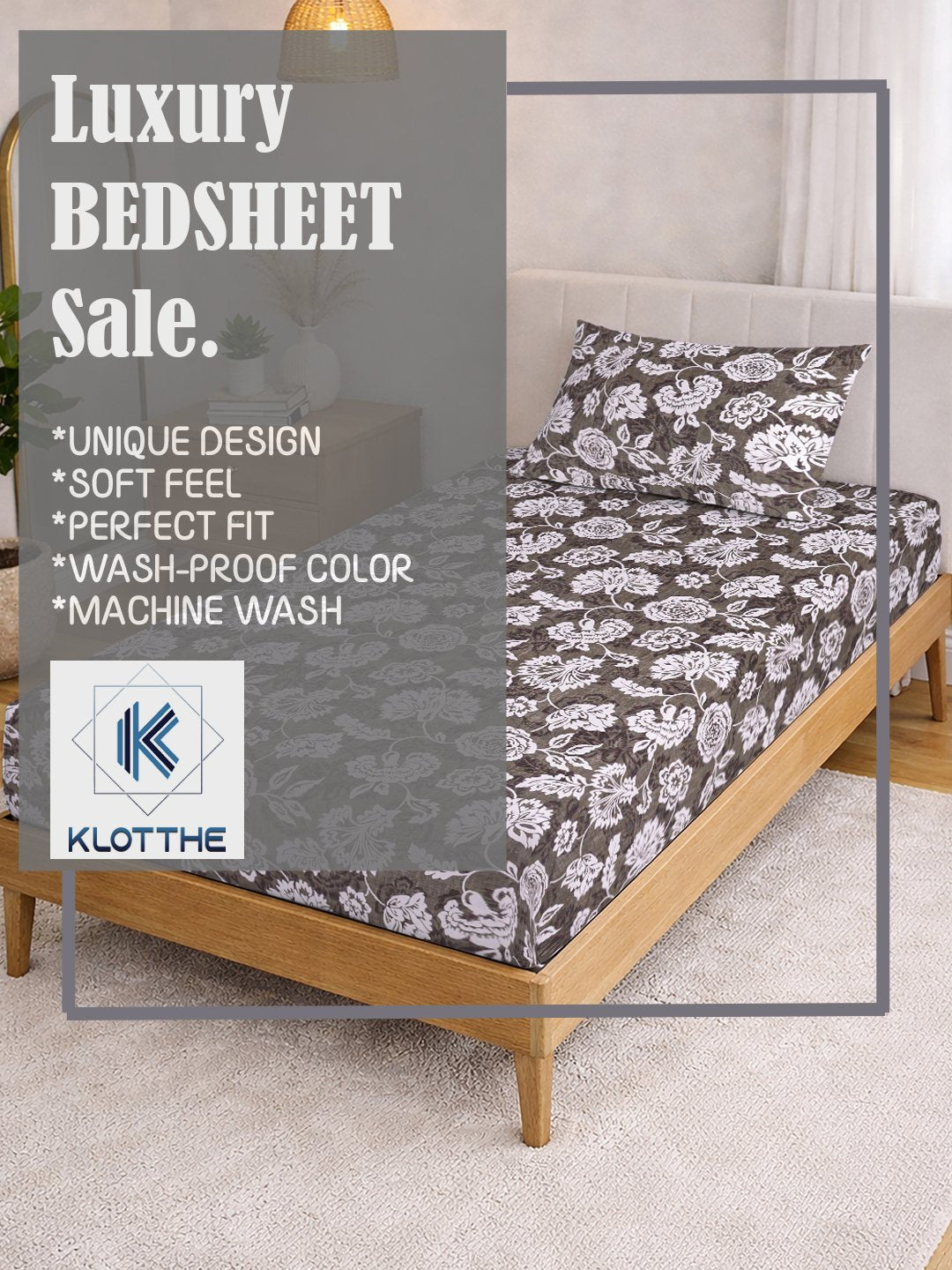 Brown Floral Cotton Blend Fitted Single Bedsheet with Pillow Cover